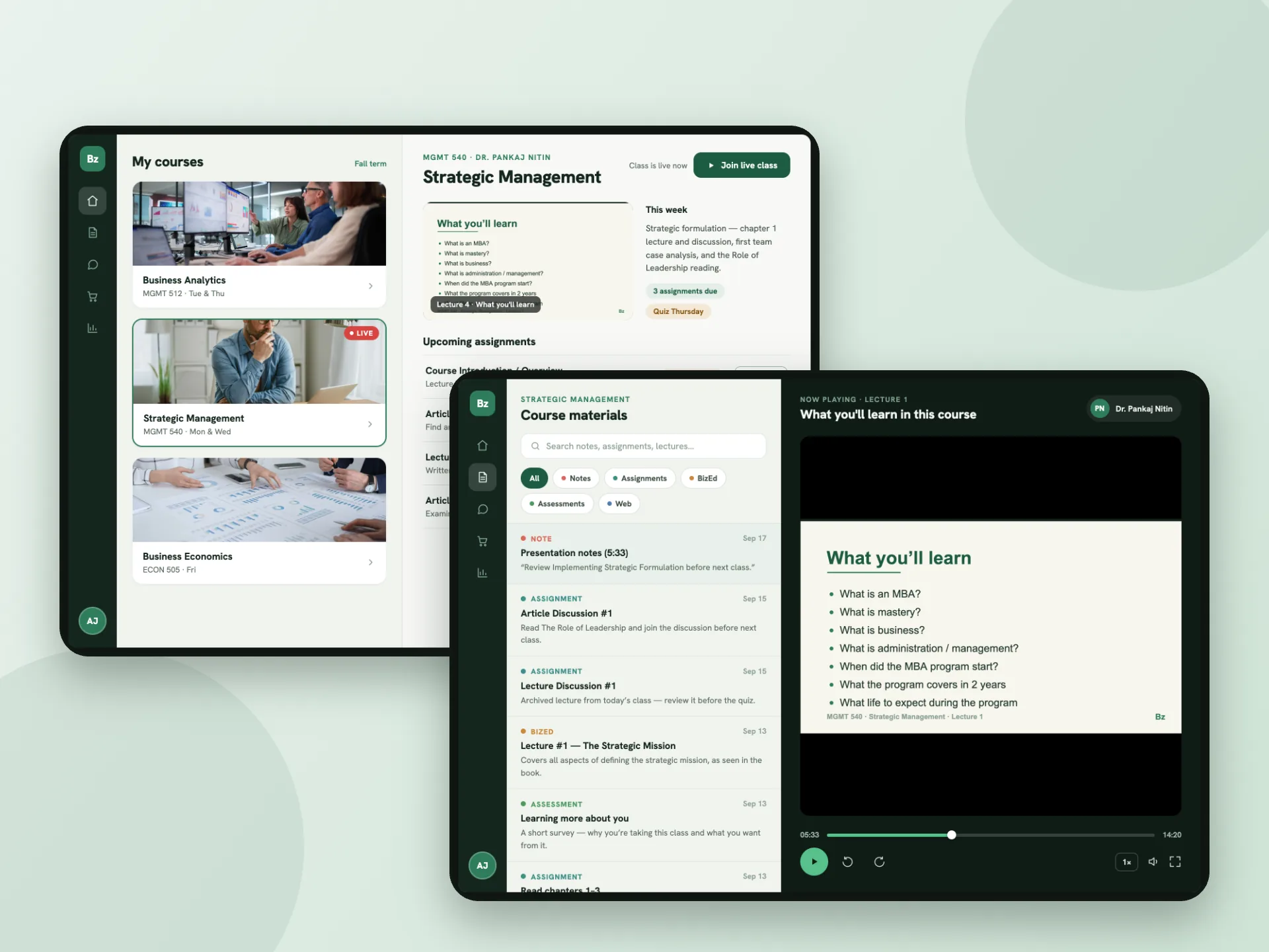BizEd iPad app showing the course dashboard and video lectures