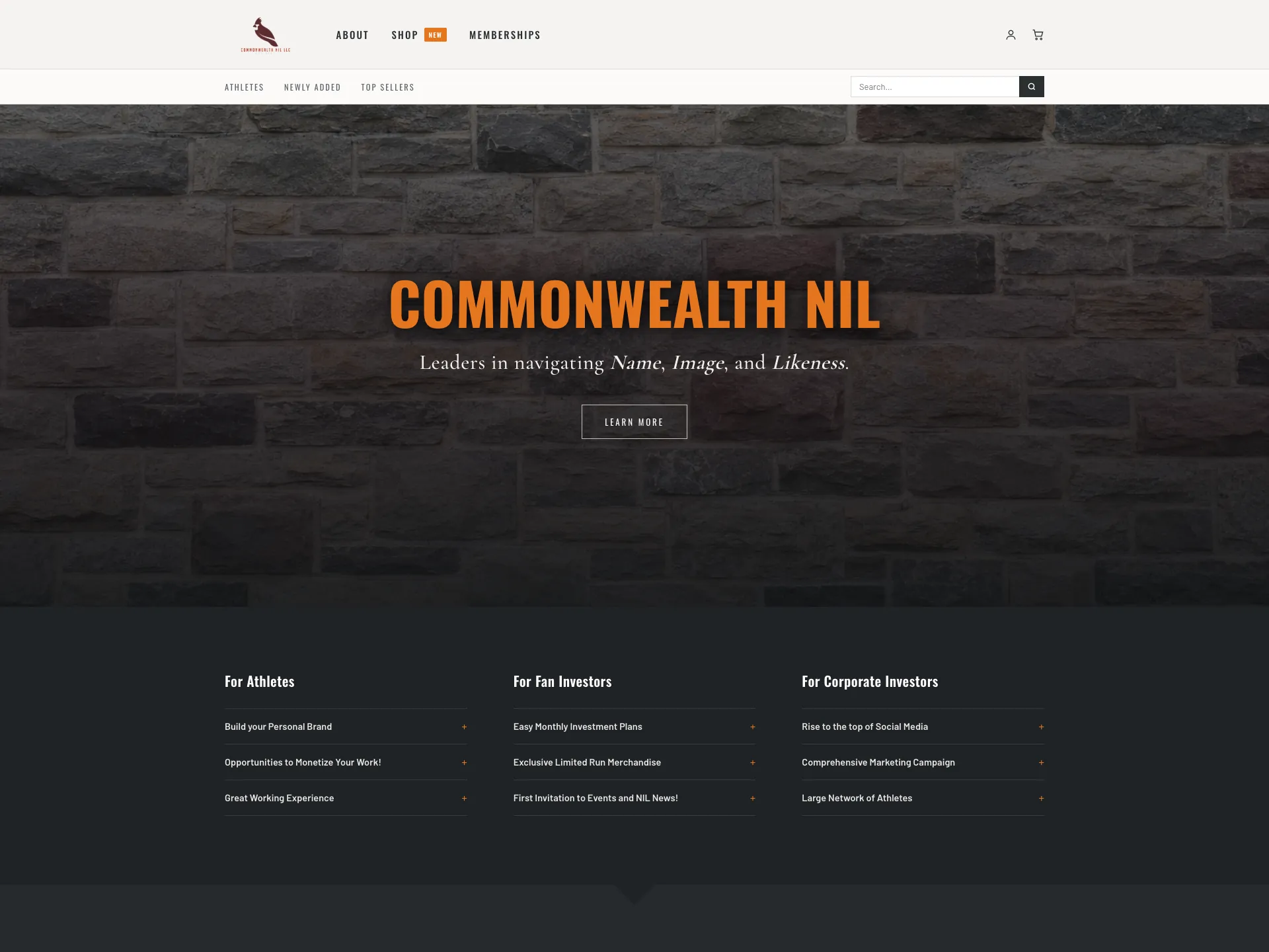The Commonwealth NIL homepage: the cardinal logo with Shop and Memberships navigation and a cart, a brick-wall hero reading "Leaders in navigating Name, Image, and Likeness", and three columns pitching athletes, fan investors, and corporate investors