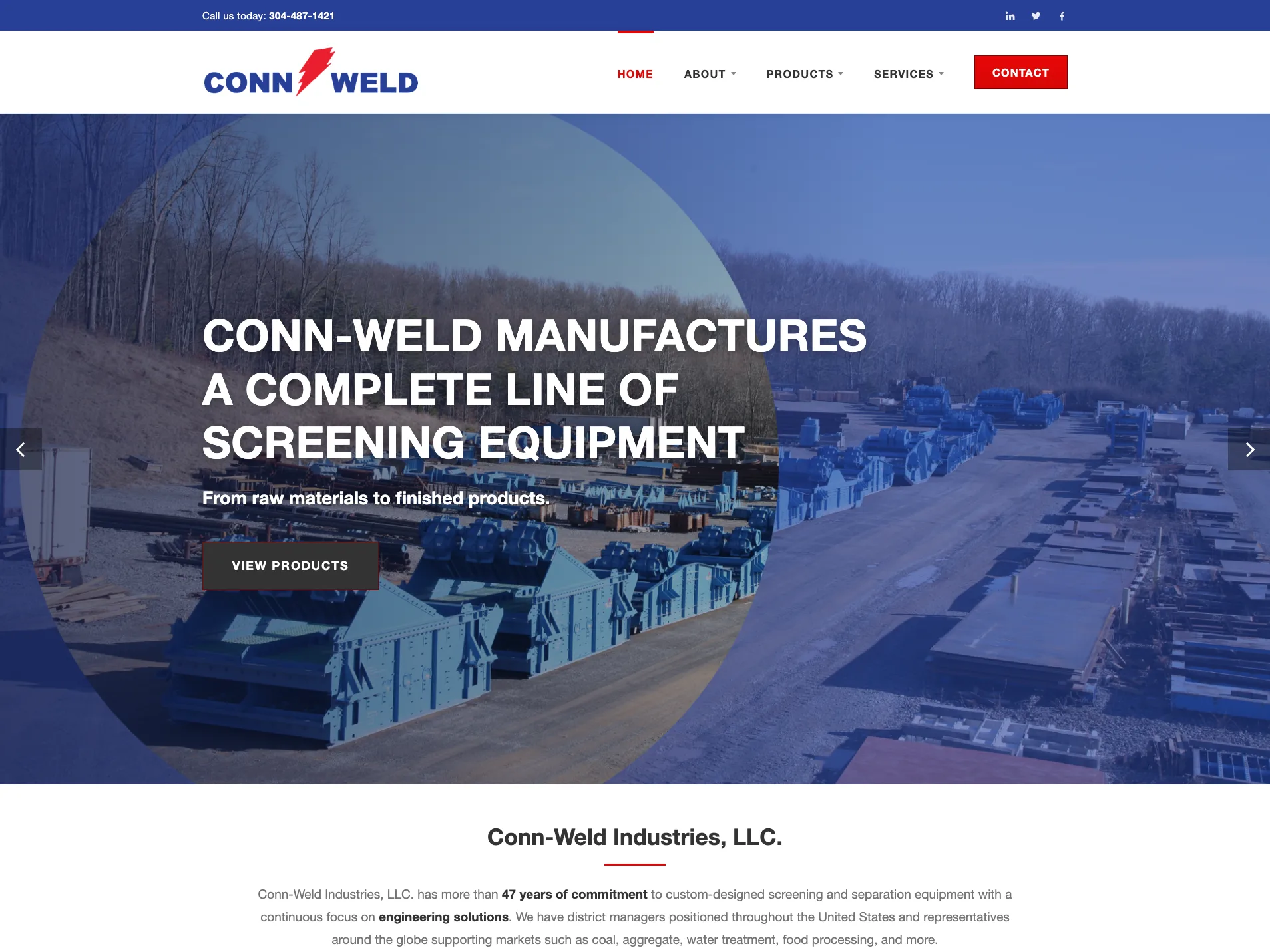 The Conn-Weld homepage as it stood in 2022, rebuilt from the Internet Archive: the Conn-Weld logo and navigation over a photo of blue vibrating screens in the plant yard, headlined “Conn-Weld manufactures a complete line of screening equipment”