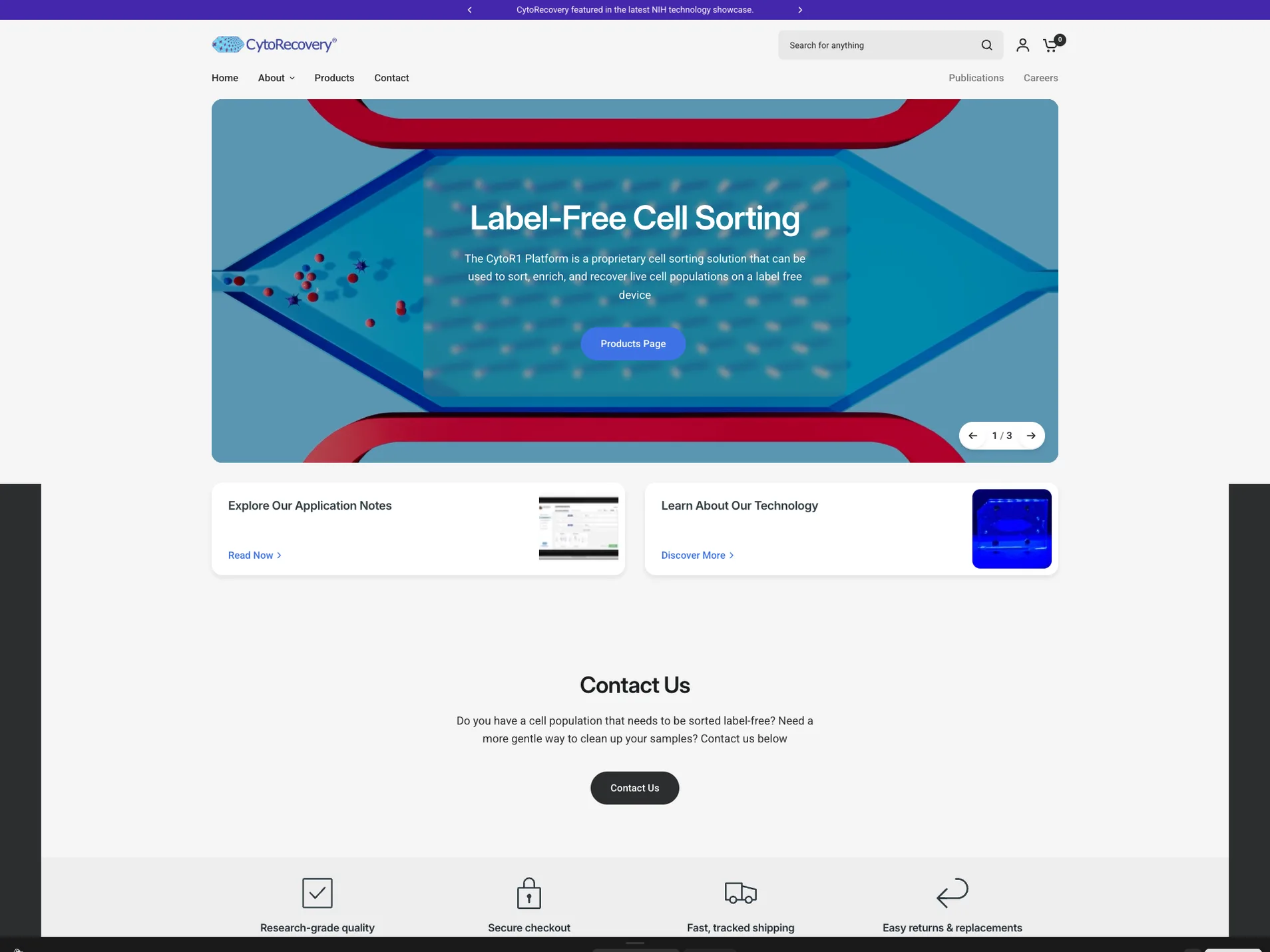 CytoRecovery Shopify homepage with the "Label-Free Cell Sorting" hero and storefront trust badges for secure checkout, shipping, and returns