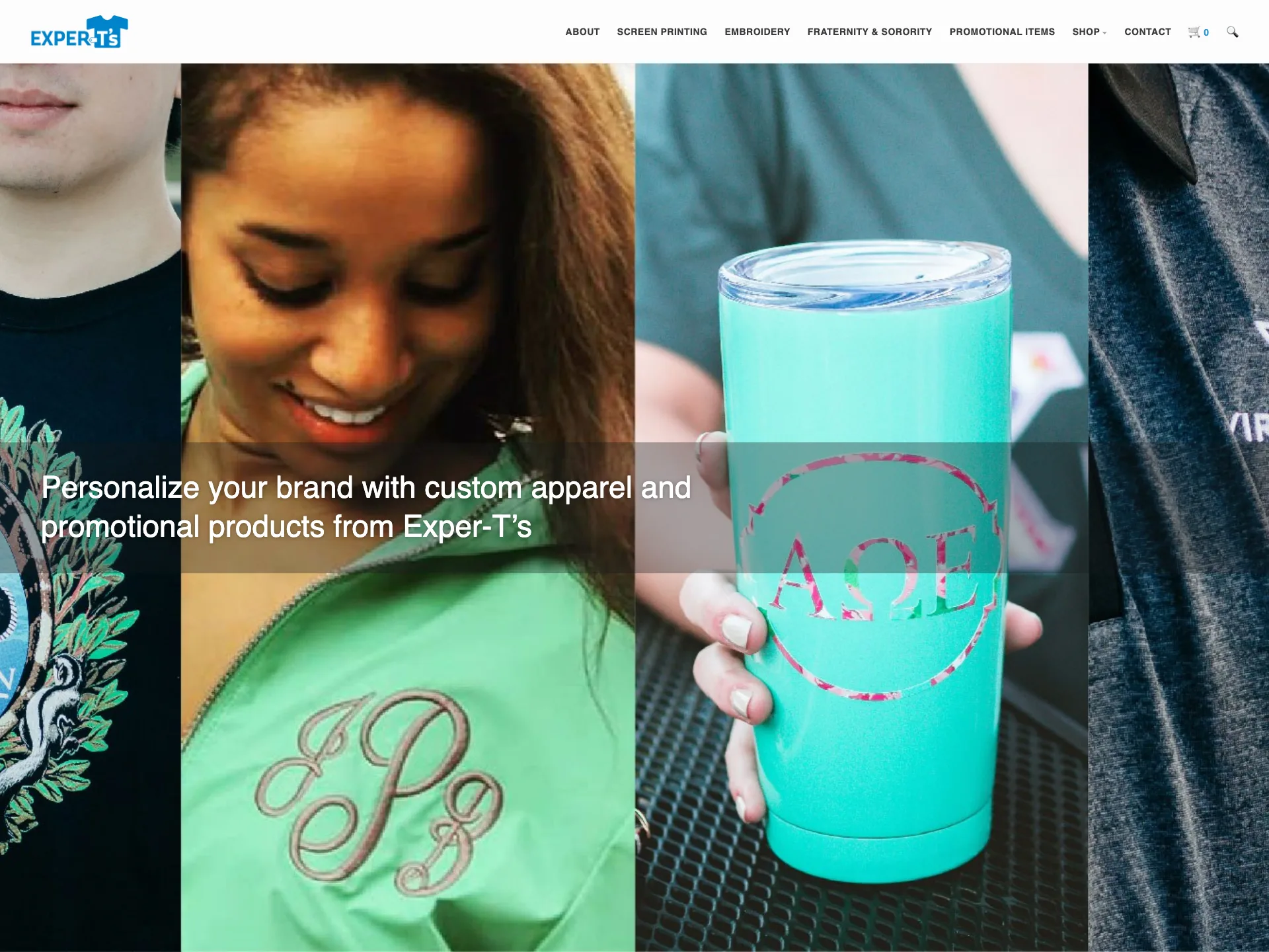 Exper-T’s custom apparel website homepage: a hero collage of custom-printed and monogrammed products