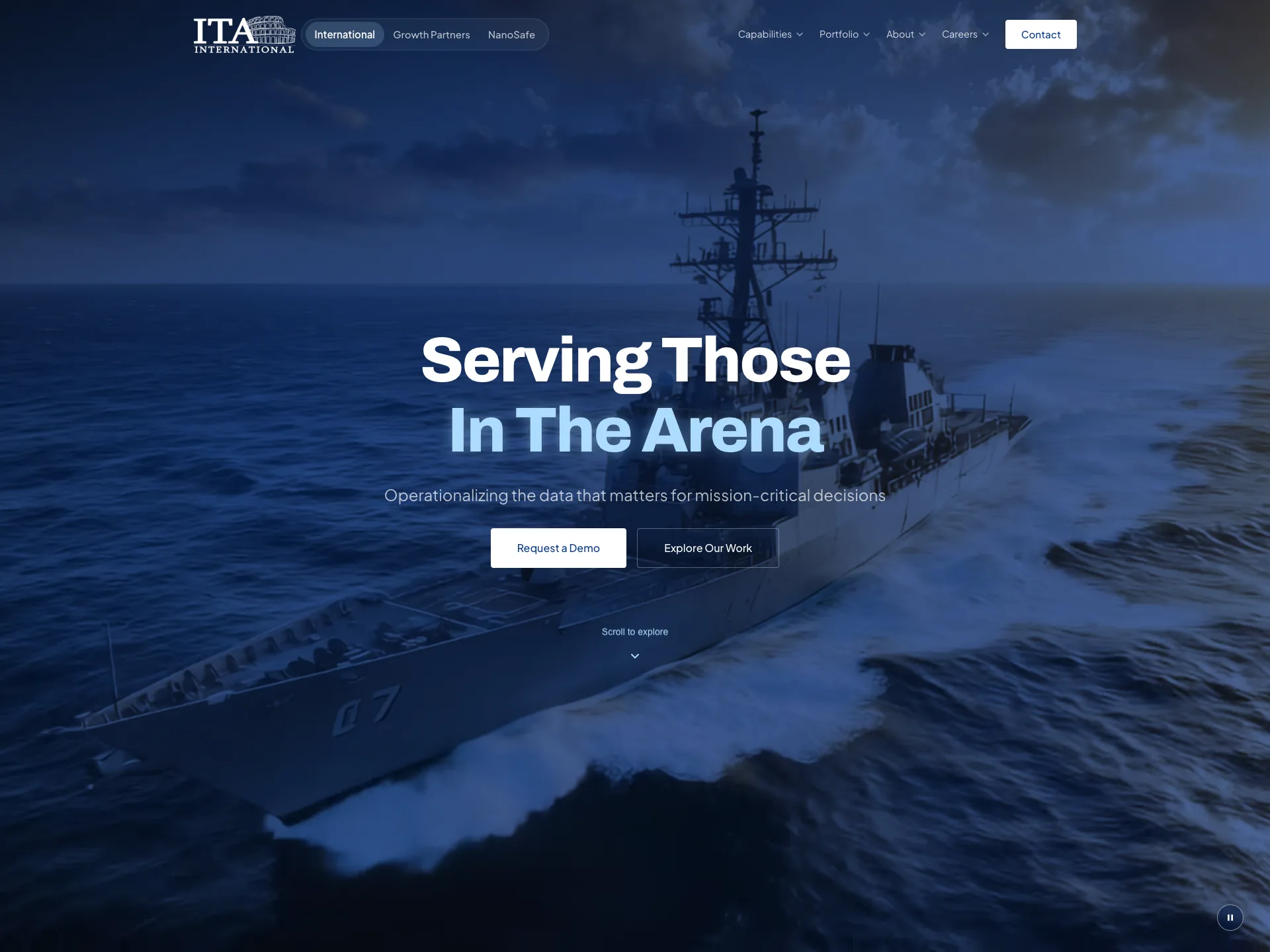 ITA International website hero: a destroyer underway at sea behind the headline “Serving Those In The Arena”
