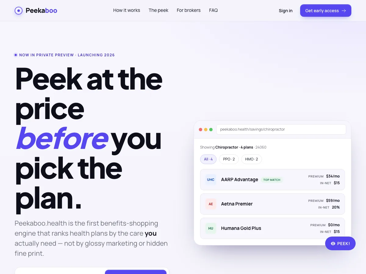 Peekaboo landing page with the tagline "Peek at the price before you pick the plan" and a plan comparison showing real copays and premiums