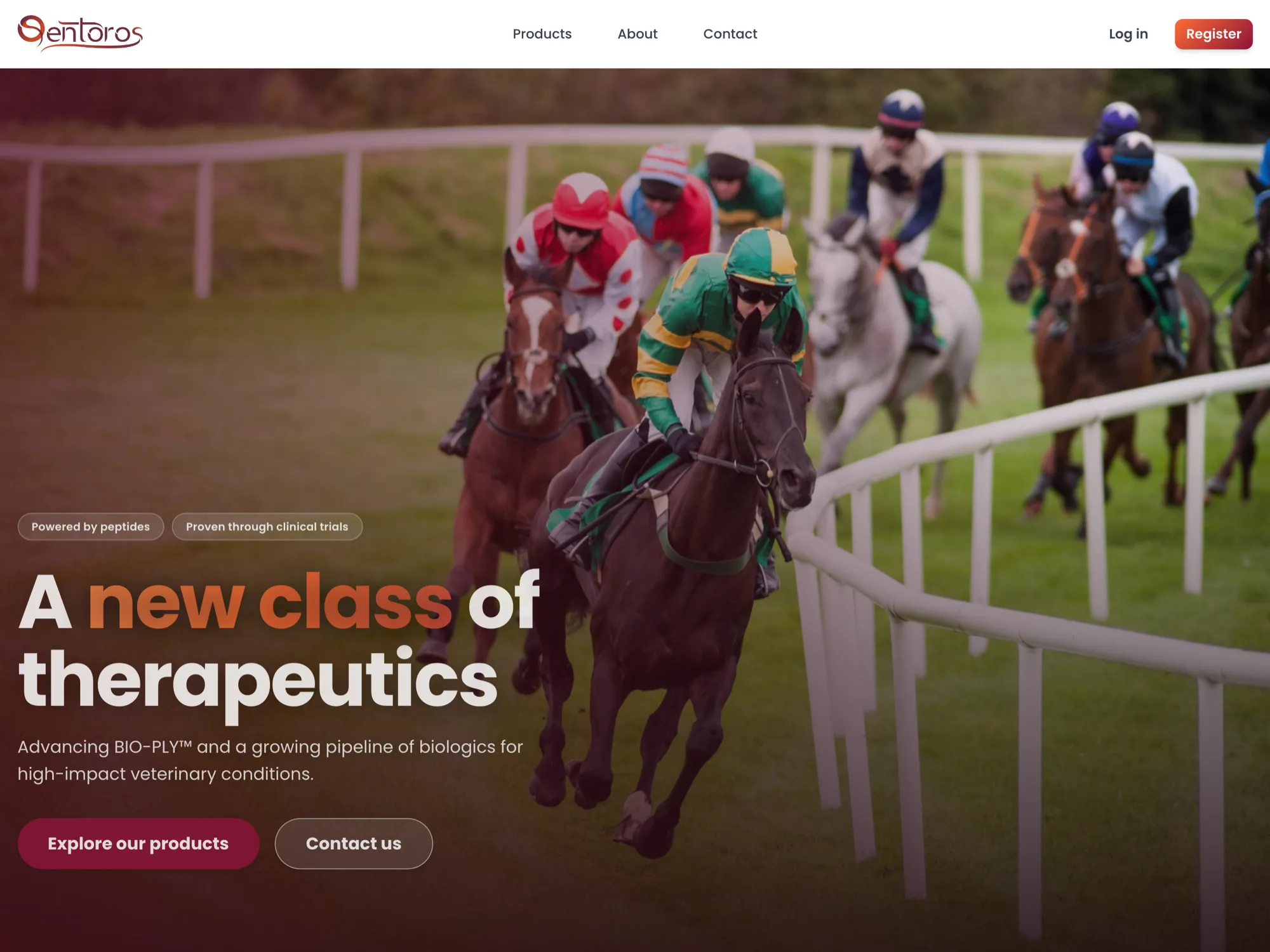 Qentoros marketing site homepage: the BIO-PLY equine biologics brand over a hero photo of a horse race