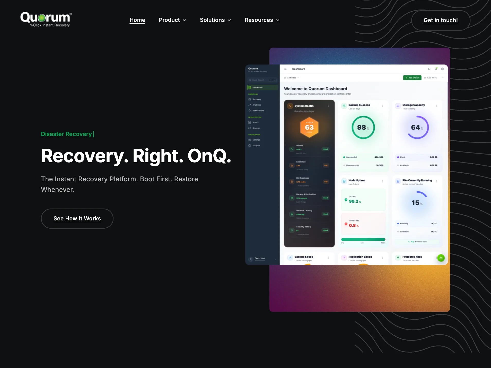 Quorum homepage hero with the headline “Recovery. Right. OnQ.” beside a screenshot of the onQ recovery dashboard