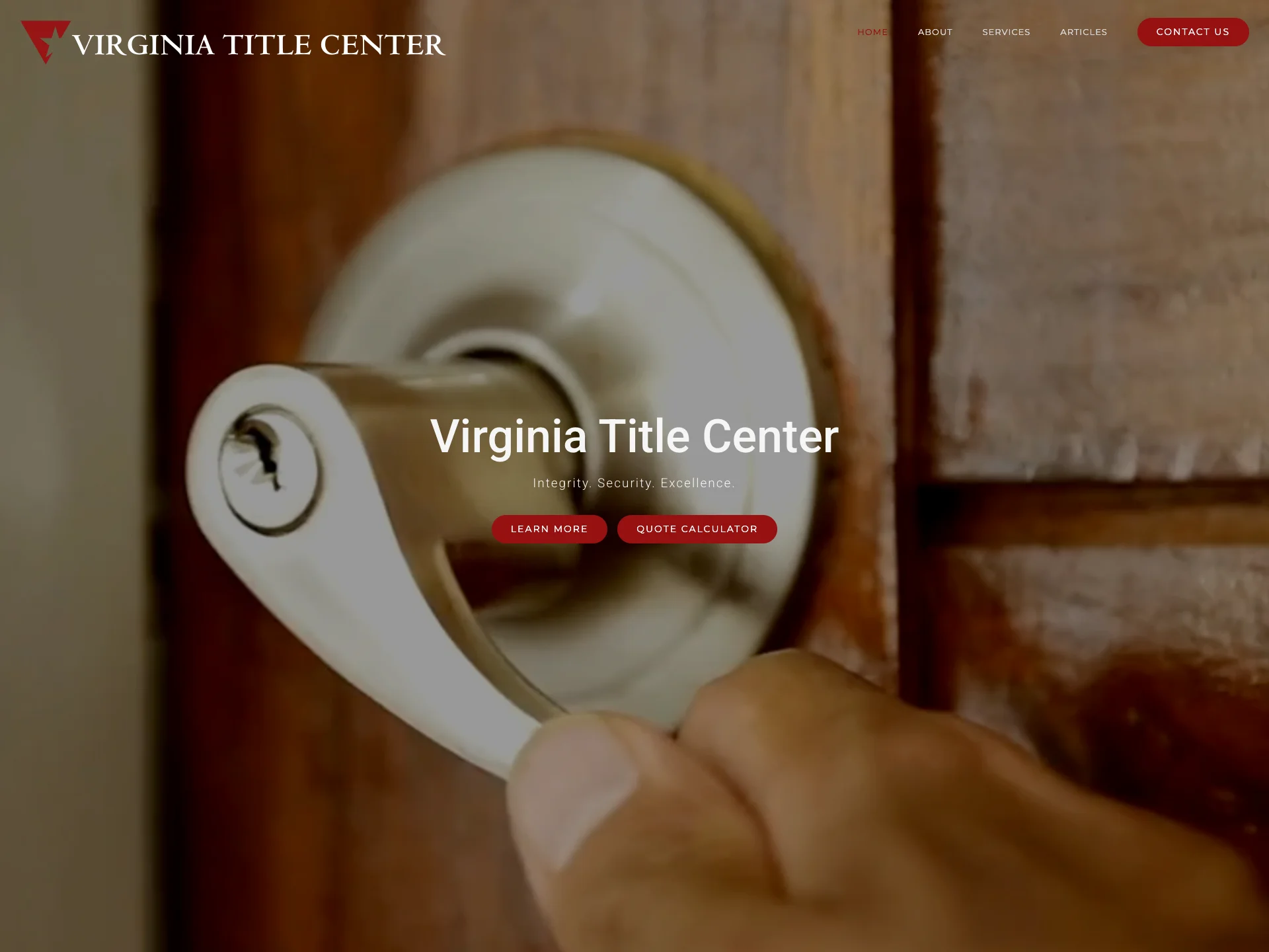 Virginia Title Center website hero with a key turning in a front door lock