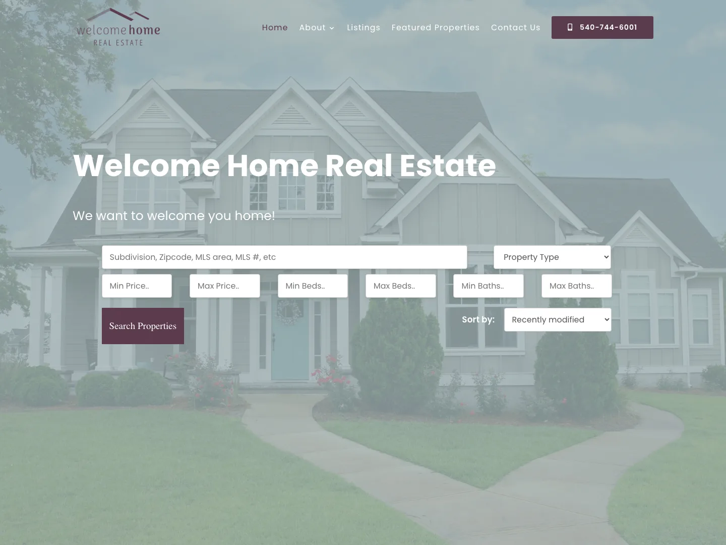Welcome Home Real Estate homepage with an MLS listing search built into the hero